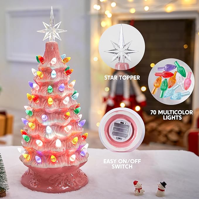 Joiedomi 15" Ceramic Christmas Tree, Table Top Christmas Decor with Star Topper, Vintage Pre-lit Xmas Tree with Multicolored LED Lights, Battery Operated Hand-Painted Xmas Decorations Indoor Home