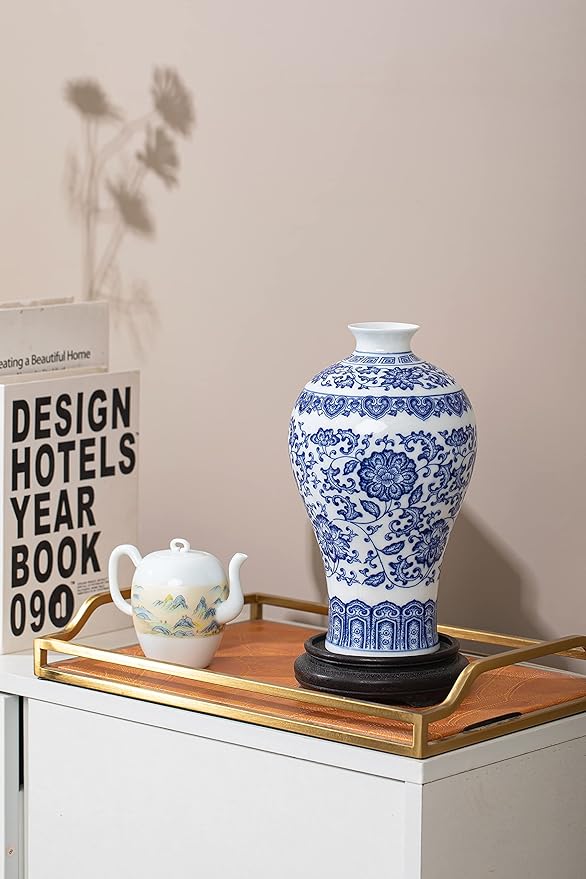 Blue and White Chinoiserie Ginger Jar Vase for Home Decor, Porcelain, 9" H