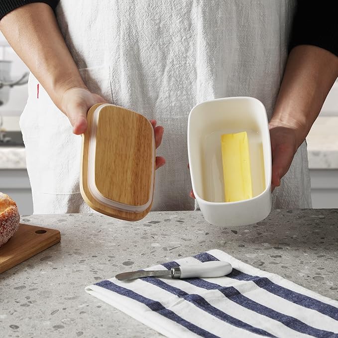 GDCZ Large Ceramic Butter Dish for Countertop Butter Keeper with Silicone Sealing, Natural Wooden Lid and Stainless Steel Knife, Kitchen Decor and Accessories for Kitchen Gifts (White)