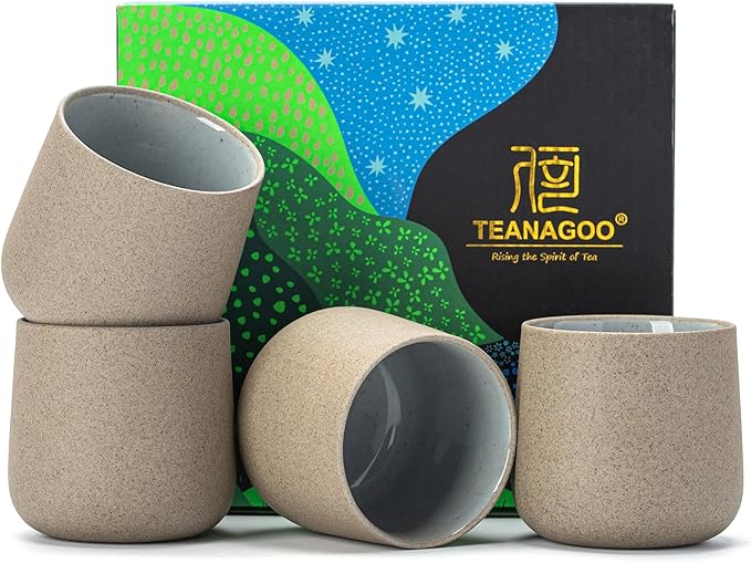 TEANAGOO Japanese Tea Cups Set of 4pcs, 6.9oz/205ml Elegant Ceramic Matcha Cups with Flat Base, Darker Grey Handleless Coffee Mugs, Microwave & Dishwasher Safe, Beautiful Gift Box