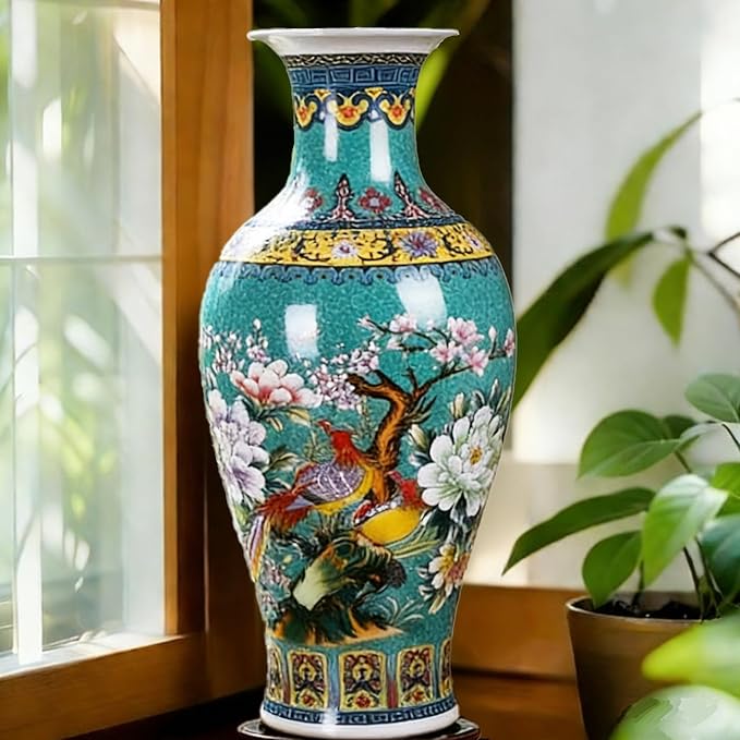 14" Jingdezhen Large Fishtail Ceramic Vase Golden Handmade Home Decorative Vase, Modern Luxury Accent for Living Room, Wedding, or Gift. Elegant Floral Arrangement Centerpiece. (Green)