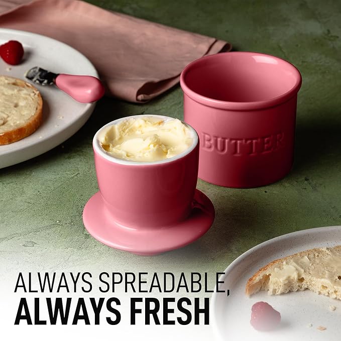Zulay Kitchen Bell Shaped Butter Crock with Lid for Countertop with Water Line & Spreader Knife, Ceramic French Butter Dish Keeper For Fresh, Soft & Spreadable Butter - Dragonfruit