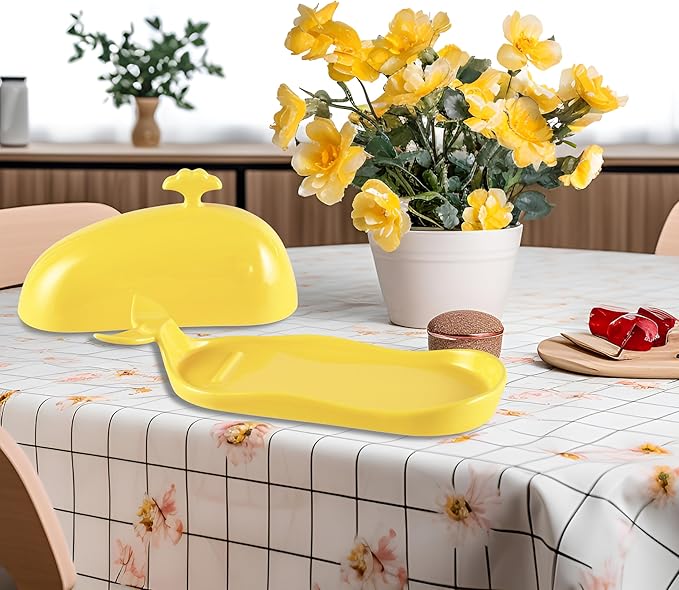Whale Butter Dish with Lid, Cute Ceramic Butter Dish with Handle for Countertop, Funny Butter Holder Butter Keeper for Kitchen Decor, Ideal Gifts for Housewarming,Wedding, Yellow