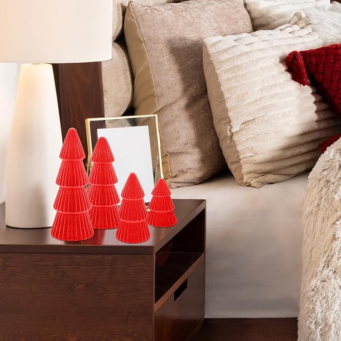 Aneco 4 Pack Velvet Ceramic Christmas Tree Christmas Indoor Decorations Modern Cone Xmas Tabletop Decor for Home Entryway Table Mantel Centerpiece Winter Holiday Party Supplies, Red