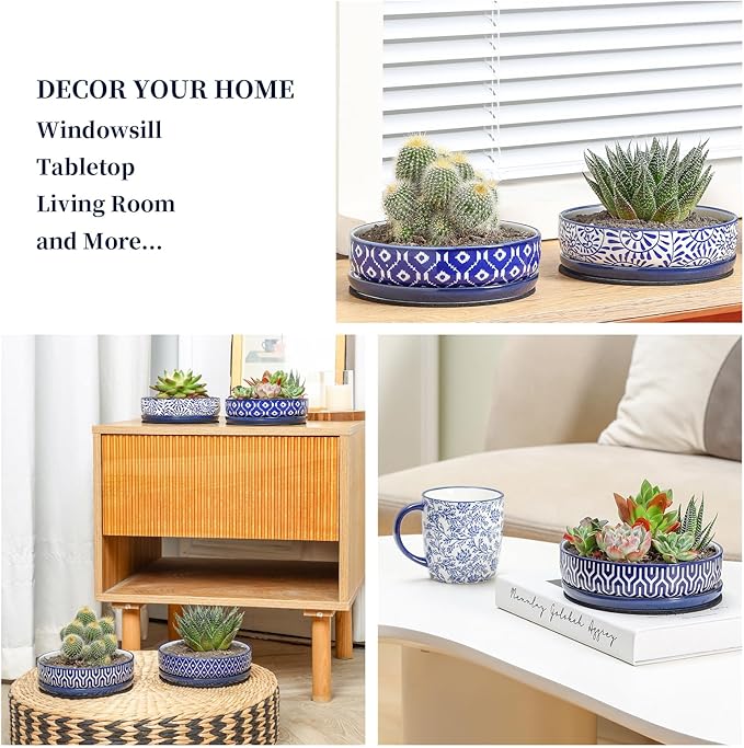Selamica Ceramic Succulent Pots, Shallow Succulent Planters with Drainage Hole & Saucer, Indoor Plant Pots for Cactus, Home Decor，Vintage Blue,6 inch