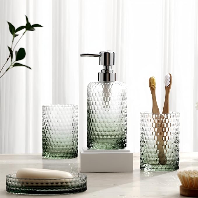 Bathroom Accessories Set, 4Pcs Clear Glass Bathroom Set, Hand Soap Dispenser, Toothbrush Holders, Tumbler, Bar Soap Dish for Modern Bath Decor Organizers and Storage Countertop Sink (Green)