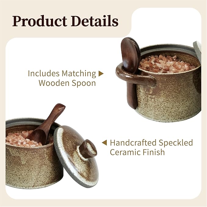 Handcrafted Speckled Ceramic Salt Cellar with Wooden Spoon, Rustic Vintage Spice Jar, Dishwasher Safe, 8.45 fl oz (Peckled Ceramic set of 2)