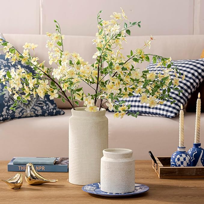 Ceramic Flower Vase 12 inch Farmhouse Rustic Vase for Home Decor Handcrafted Pottery Tall Terracotta Vases for Dining Table Decor Fireplace Living Room Bathroom Wedding Centerpiece (L-White)