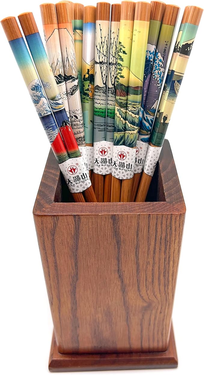10 Pairs Reusable Bamboo Chopsticks, Edo period Landscape Pattern Natural Bamboo Wood Chopsticks, 8.8Inch/22.5cm Polybag packing by LANHUTHS