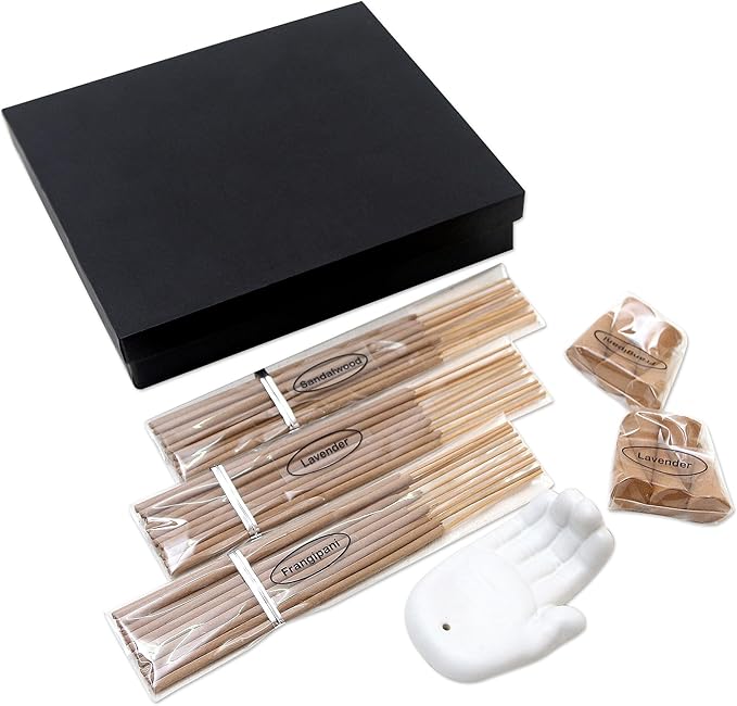 NOVICA Artisan Handmade Ceramic Incense Set Lavender Frangipani Brown White Indonesia Lamps Lighting Oil Burners 'White Palm'