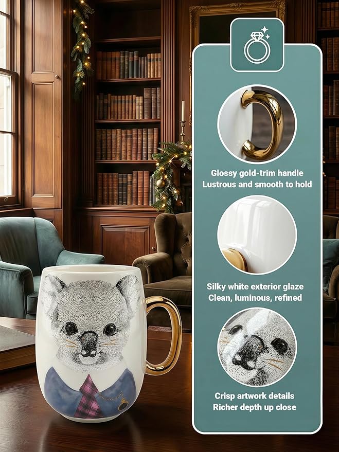 Large 24oz Ceramic Coffee Mug with Gold-Trim Handle, Oversized Porcelain Mug for Coffee, Tea & Hot Chocolate, Hand-Painted Artisan Style, Lead-Free, Gift-Ready Box, Hand Wash Only, Not Microwave Safe