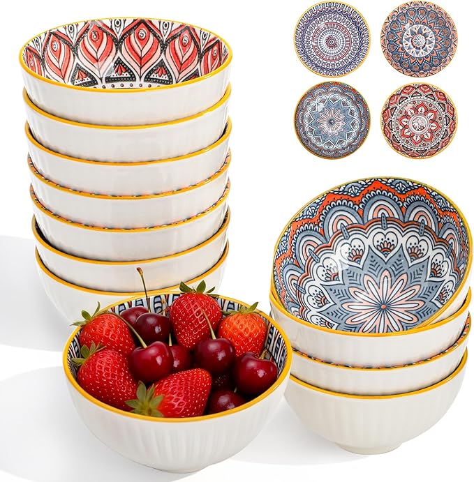 12 Pack Small Ceramic Bowls Set, 10Oz Colorful Dessert Bowl, 4.5Inch Ice Cream Bowls, Porcelain Boho Decorative Bowl for Snack Soup Condiments, Side Dishes, Kitchen, Microwave Safe (4 Styles)