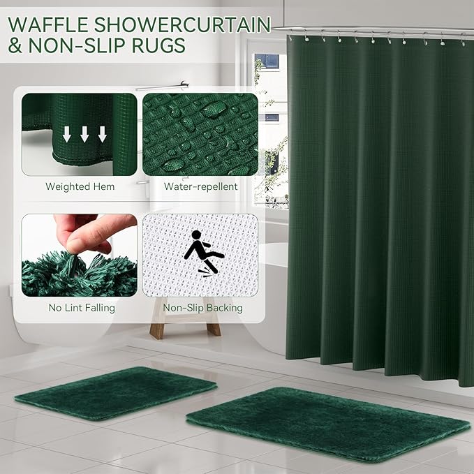 Green Bathroom Set, Dark Green Bathroom Accessories Set with Shower Curtain and Rugs, Bath Towel Sets, Natural Loofah Sponge, Soap Dispenser, Toothbrush Holder, Bathroom Tumbler and Tray for Bathroom