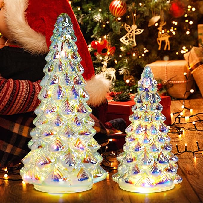 VCUTEKA Small Tabletop Christmas Tree with Light White Mercury Glass Christmas Tree Battery Operated Mini Xmas Tree for Fireplace Bathroom Table Xmas Holiday Decor 8" 12", Set of 2