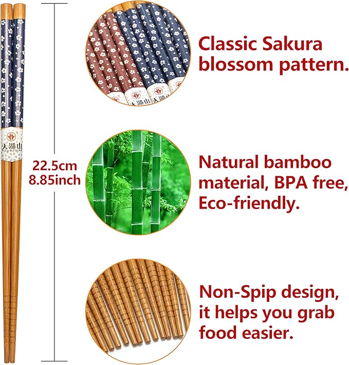 10 Pairs Reusable Bamboo Chopsticks, Falling Sakura Pattern Natural Bamboo Wood Chopsticks, 8.8Inch/22.5cm Polybag packing by LANHUTHS