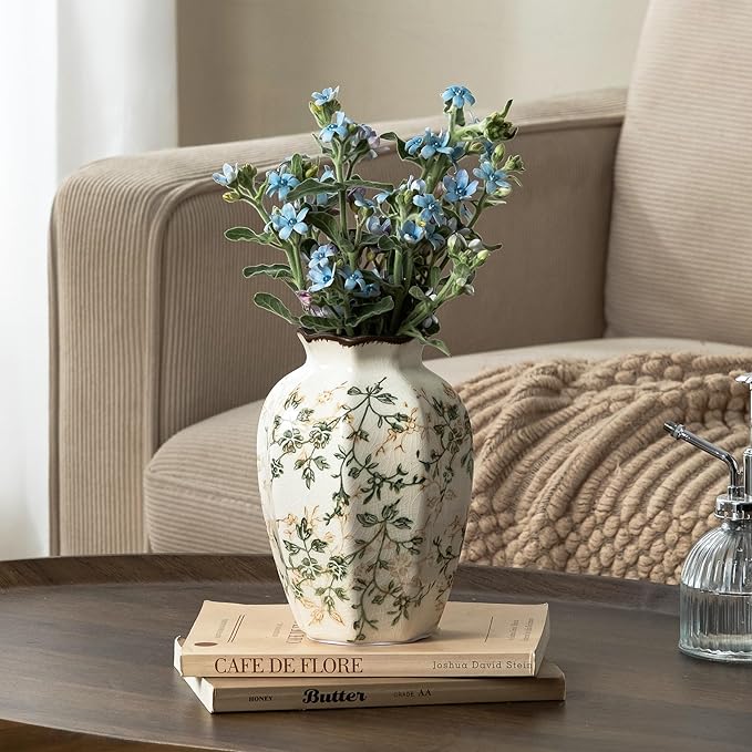 Vintage Pastoral Octagonal Vase, Green and Beige Retro Ceramic Flower Vases, Rustic Farmhouse Vases Chinoiserie Floral Small Vase for Home Decor, Living Room, Kitchen, Bedroom and Shelf 6.7 Inch