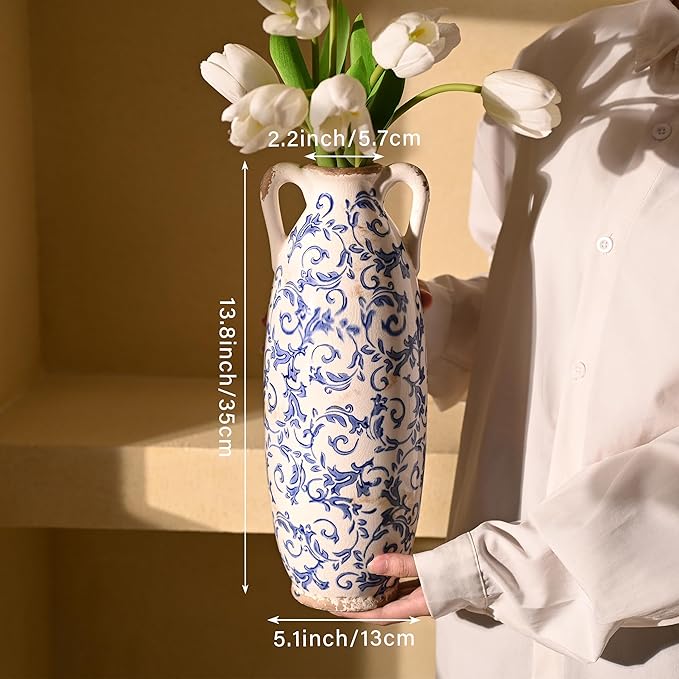 VICTOR & TERESA Blue and White Floor Vase for Pampas Grass, 14'' Tall Vase for Home Decor, Ceramic Farmhouse Decorative Large Vases for Flower, Mantel, Living Room, Shelf, Centerpieces, Gift for Her
