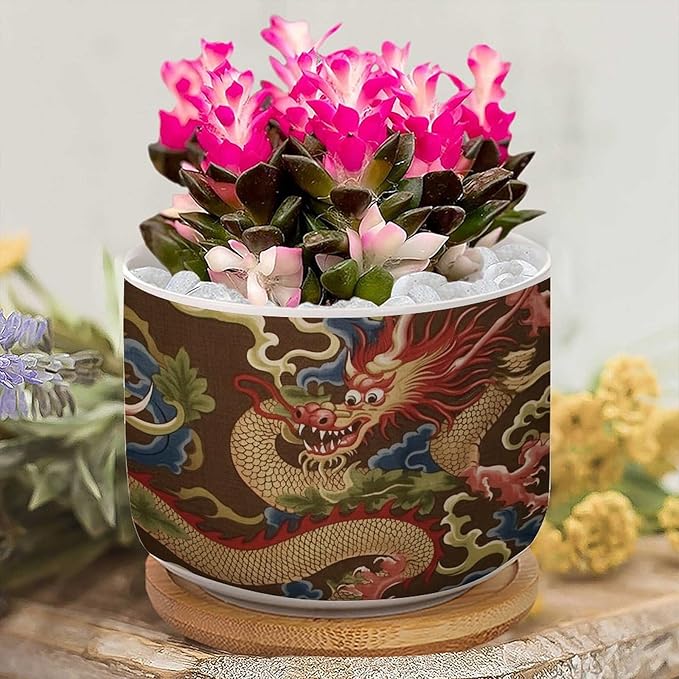 1 Piece Antique Chinoiserie Dragon Small Ceramics Pots for Plants Asian Style Chinoiserie Houseplant Pot for Succulent Dragon Gold Oriental Style Asian Ceramics Planters for Indoor