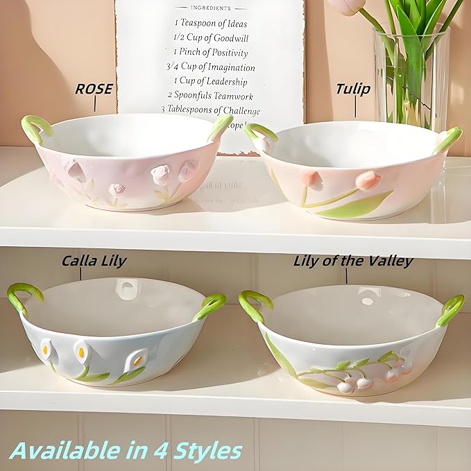 Handmade Ceramic Floral Fruit Bowl with Handles, 3D Hand-Painted Rose Flower Design Serving Dish, Decorative Bowls for Home Decor, Soup, Pasta, Cereal, Salad & Snacks, 24 oz