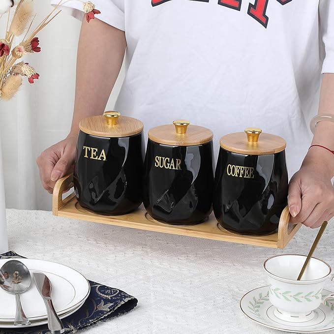 JUXYES Set of 3 Ceramic Canisters Set for Sugar Coffee Tea With Handle Tray, Luxurious Storage Containers Sets with Lids Decorative Storage Pots Black Ceramic Storage Jar for Kitchen Dining Room