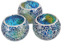 OwnMy Set of 3 Blue Mosaic Glass Tea Light Holders Round Bowl Votive Candle Holders Pillar Candle Stands, Glass Mosaic Tealight Holders Potted Plant Bowl Vase Candle Centerpiece for Table Wedding