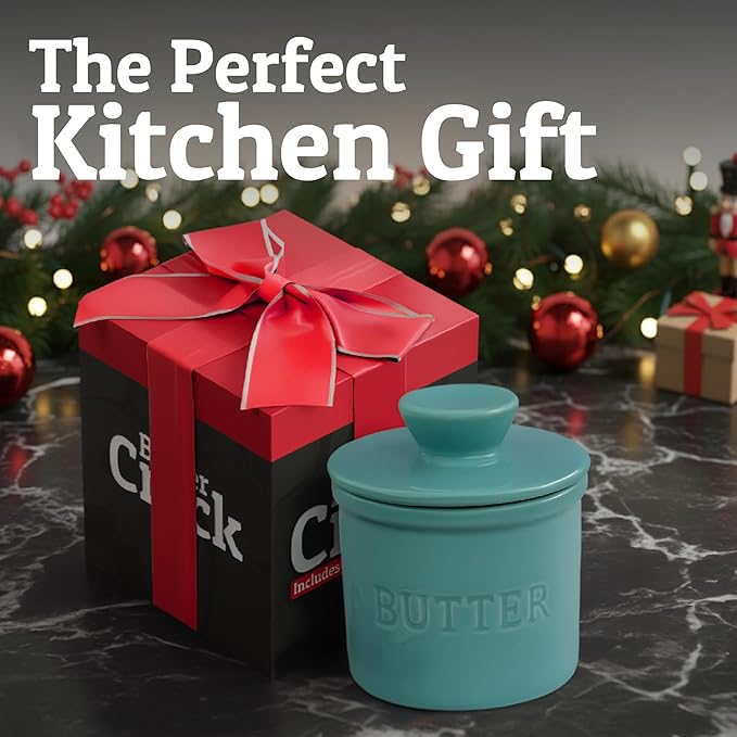 PriorityChef Butter Crock with Lid with Water Line, Ceramic French Butter Dish to Leave On Counter, Cool Green