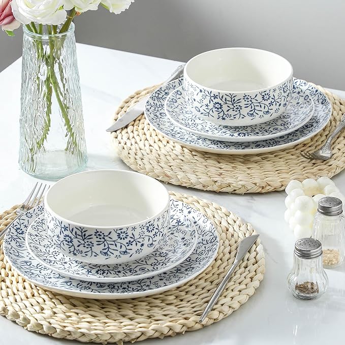 Ceramic Dinner Plates 10 Inch, Vintage Dessert Plates Set of 4, Floral Salad plates for Food, Blue and White Dishes, Round Plates for Kitchen, Oven & Microwave Safe