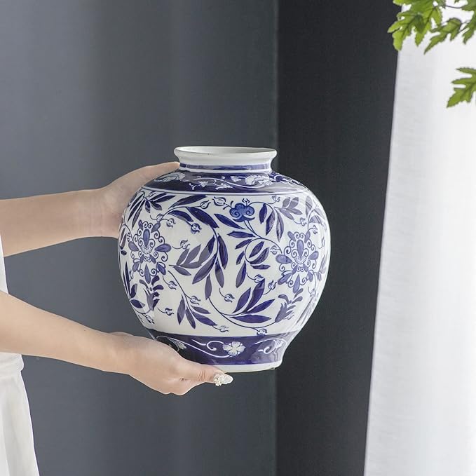 A&B Home Blue and White Porcelain Flower Vase, Ceramic Vase for Home Decor, Bedroom Living Room Console Table Accent, 9" x 9" x 9"