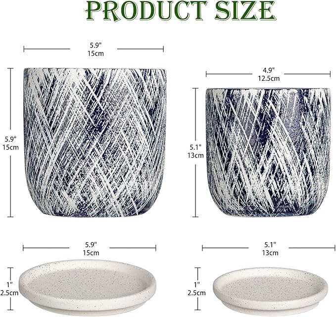 Blue Indoor Plant Pot Set, 5+6inch Ceramic Planter with Drainage Hole and Tray, Succulent Flower Orchid Greenery Planter, Round Plant Pots for Home Desktop Office Windowsill Decoration