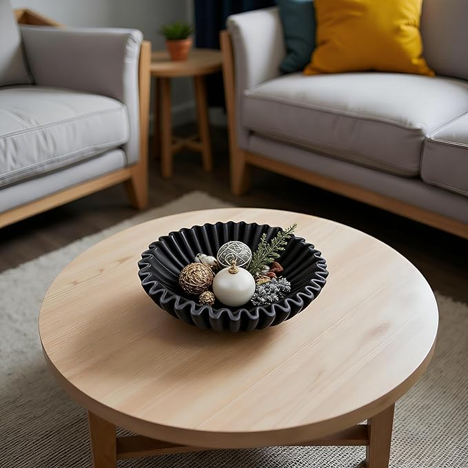 10" Large Decorative Bowl decor, Scalloped Bowls for Modern Home Decor,Ruffle Decor,Stylish Key Bowl for Entry Table,Decorative Fruit Bowl for Kitchen Counter,Black