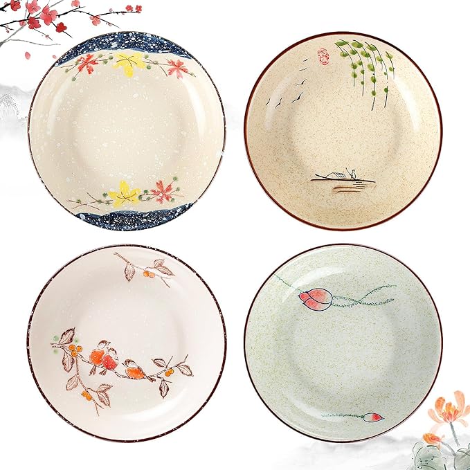 clothmile 7 Inch Japanese Retro Ceramic Dinner Plates Set of 4 Japanese Style Plates Asian Chinese Plates for Cereal, Soup, Dessert, Snack, Fruit, Salsa for Christmas Holiday Present