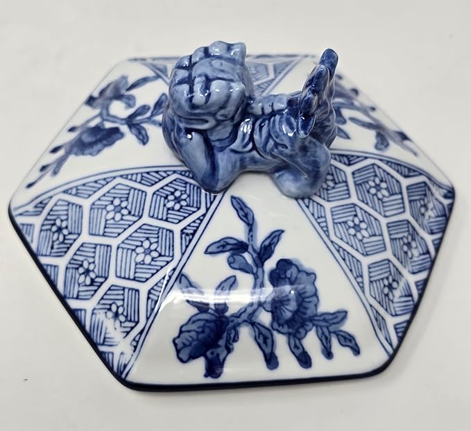 Classic Blue and White Ceramic Porcelain Jar Vase, Hexagon Canister, Sugar Candy Container, Tea Container, Lion Button Lid, Hand-Crafted Chinoiserie Decor