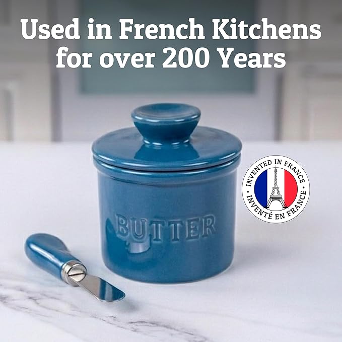 PriorityChef Butter Crock with Lid with Water Line,Ceramic French Butter Dish to Leave On Counter, Lapis Blue