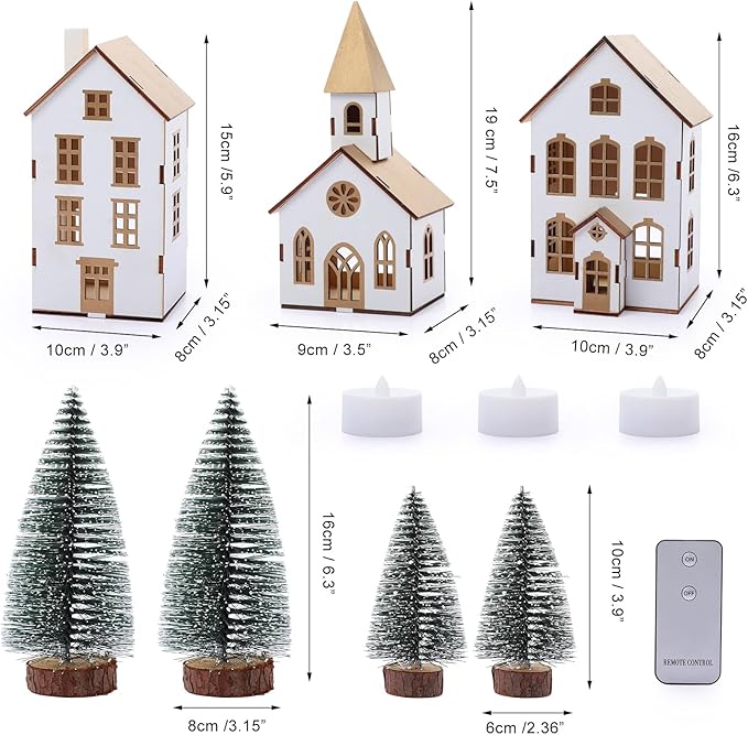 7 Pcs Christmas Village Figurines Sets - 3 LED Lighted Houses with Remote Control & 4 Trees - Christmas Decorations Indoor - Xmas Holiday Farmhouse Rustic Decor for Table Room