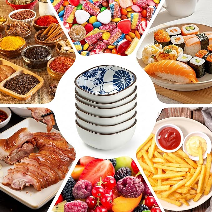 clothmile 6 Pcs Blue and White Sauce Dishes 3.6"×3.6"×1.6" Traditional Chinese Ceramic Side Bowl for Sushi Sauce Snack Pinch Home Kitchen Decor Housewarming Gift