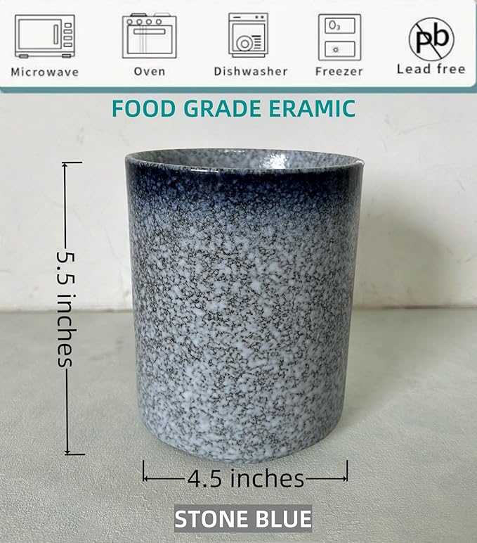 Short Kitchen Utensil Holder for Kitchen Counter, Ceramic Small Utensil Crock & Vase & Holder for Cutlery Spatula Brush Silverware Cooking Utensil Holder (Stone Blue)
