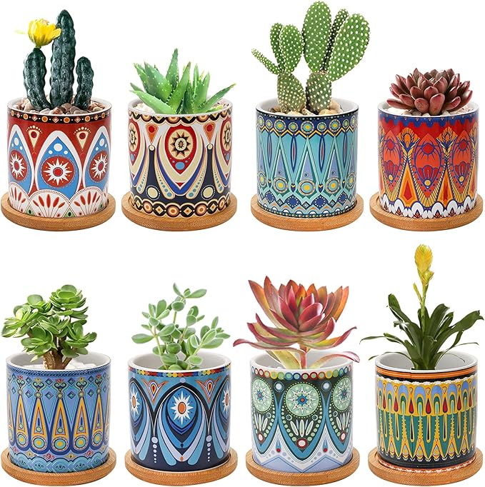Kingrol 8 Pack Succulent Pots, Mini Ceramic Flower Planter Pot with Drainage Hole and Bamboo Tray for Cactus, Ferns, Herbs, Jade Plants - Mandala Style, Plants Not Included