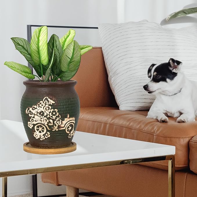 ARTKETTY 4 Inch Ceramic Plant Pots with Drainage Hole Set of 4, Vintage Flower Pots with Bamboo Trays Small Planters for Indoor Cactus, Herbs and Succulent Plants Decorative Garden Home
