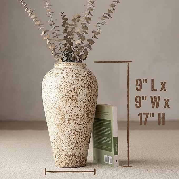 Ceramic Rustic Farmhouse Vase,Extra Large Terra Cotta Vase, Huge Pottery Decorative Flower Vases for Living Room Entryway Table Centerpiece Decor(17'' X 9'' x 9'')(Waist Cinching Bottle)