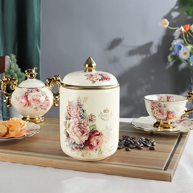 fanquare Porcelain Tea Canister, Normal Size Ceramic Jar, Vintage Gold Floral Countertop Container for Sugar, Tea, Coffee