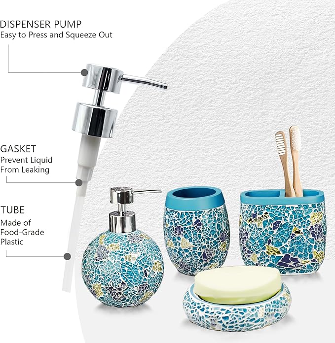 Handmade Blue Mosaic Glass Bathroom Accessory Sets 4PCS Bathroom Accessories Set Complete Includes Lotion Dispenser Toothbrush Holder Tumbler Cup & Soal Dish