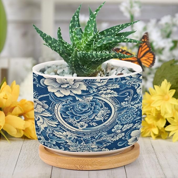 DreamAutumn Chinese Style Chinoiserie Blue and White Porcelain Floral Ceramic Pots for Plants with Drainage Holes Round Flower Pot Bamboo Tray Orchid Pot Succulents Pots for Outdoor Indoor Plants
