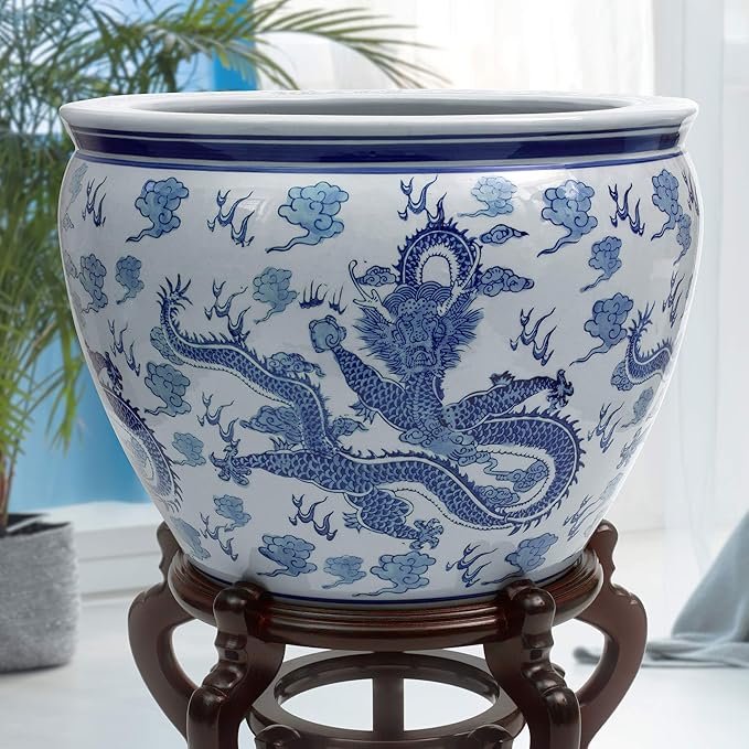 Red Lantern 18" Dragon Blue & White Porcelain Fishbowl