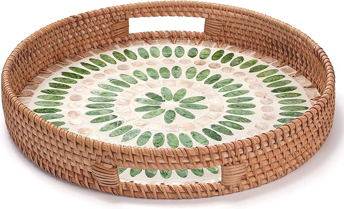 YANGQIHOME Round Serving Tray with Decorative Mother of Pearl Inlay, Wicker Tray for Home Decor, Table Decor, Gifts, Dining, Woven Tray for Food, Fruit, Coffee, 13.8 inch