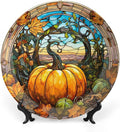 Decorative Plates, Fall Maple & Pumpkin Stained Glass Design Ceramic Dinner Plate Home Wobble-Plate with Display Stand, Wall Hanging Decor for Kitchen Household 10 Inch, Gifts for Thanksgiving
