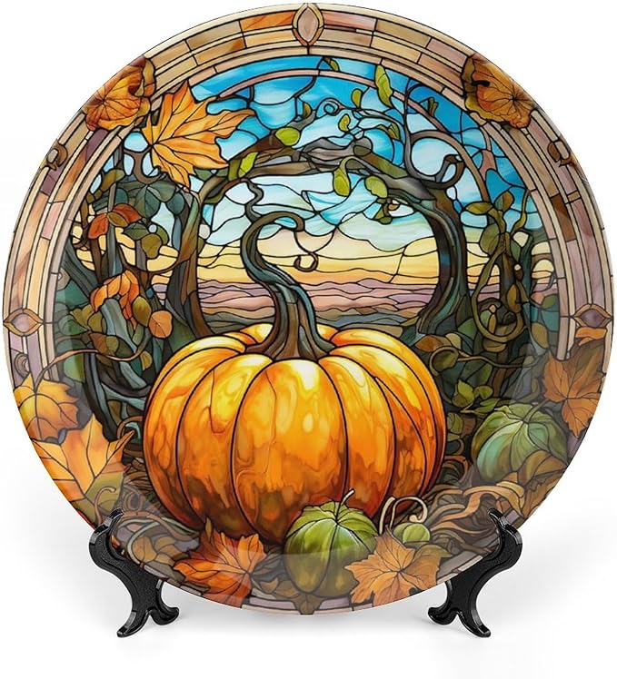 Decorative Plates, Fall Maple & Pumpkin Stained Glass Design Ceramic Dinner Plate Home Wobble-Plate with Display Stand, Wall Hanging Decor for Kitchen Household 10 Inch, Gifts for Thanksgiving