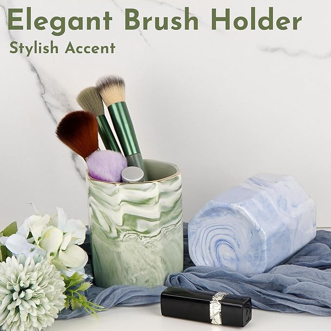 Green Marble Makeup Brush Holder– Round Ceramic Pencil Container with Gold Rim, Elegant Versatile Organizer for Vanity, Desk, or Bathroom