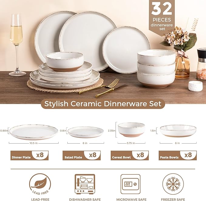 AmorArc Ceramic Dinnerware Sets with Pasta Bowls for 8, Handpainted Plates and Bowls Set with Rustic Terracotta Underside, Scratch Resistant Dishes Set, Dishwasher & Microwave Safe, 32 Pcs