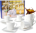Espresso Cups With Saucer - 3 oz (90 ml) Turkish Coffee Cup, Small Modern Embossed Porcelain for Expresso, Cuban & Arabic Coffee, Elegant White (Set of 6)