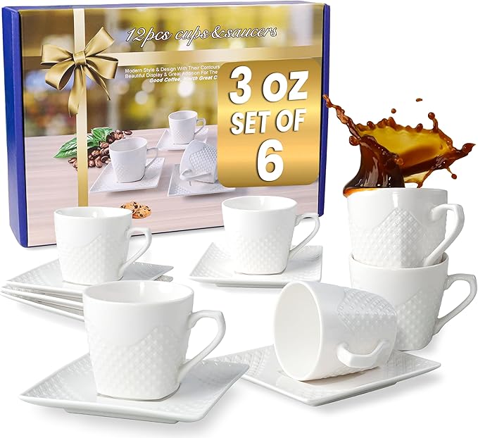 Espresso Cups With Saucer - 3 oz (90 ml) Turkish Coffee Cup, Small Modern Embossed Porcelain for Expresso, Cuban & Arabic Coffee, Elegant White (Set of 6)